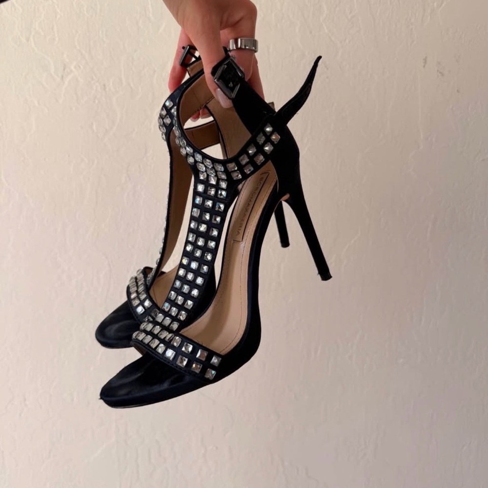 BCBG Black T-Strap Crystal Studded High Heel Sandals